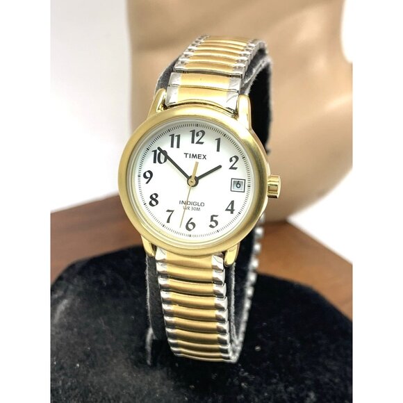 Timex Women's Watch T2H491 Indiglo Quartz Two Tone White Dial Expansion Band - Picture 1 of 14